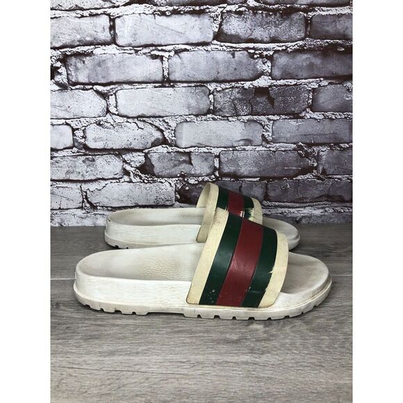 GUCCI Web White Rubber Logo Casual Slides Designer Sandals Men’s Sz 11M US/44EU - Picture 13 of 16
